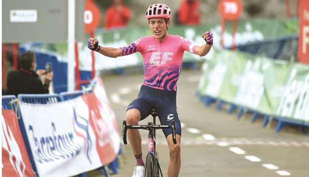 EF Pro Cyclingu2019s British rider Hugh Carthy celebrates as he crosses the finish-line of the 12th stage of the 2020 La Vuelta cycling tour of Spain, a 109.4km race from Pola de Laviana to Alto de lu2019Angliru, yesterday. (AFP)