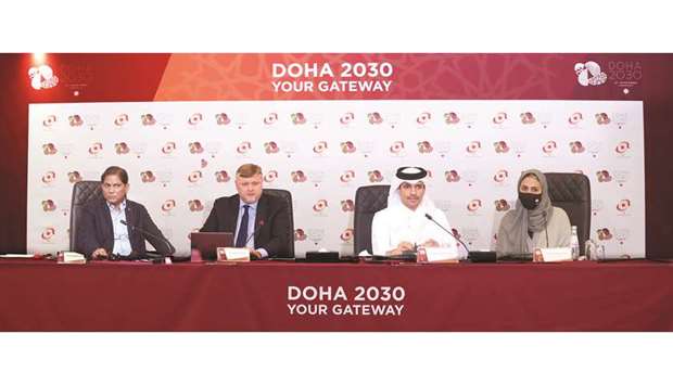From left: The Olympic Council of Asia's evaluation Committee's Vinod Kumar Tiwari, Andrey Kryukov and the Doha 2030 Bid Committee's CEO HE Jassim bin Rashid al-Buenain and Director of Communications and Marketing Sheikha Asma al-Thani at yesterday's press conference at the Sheraton Doha Hotel.