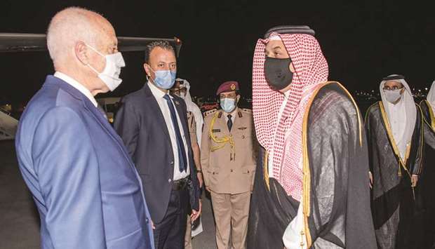 Tunisian President Kais Saied is being greeted upon arrival at Doha International Airport by HE the Deputy Prime Minister and Minister of State for Defence Affairs Dr Khalid bin Mohamed al-Attiyah and HE the Minister of Culture and Sports Salah bin Ghanem al-Ali.