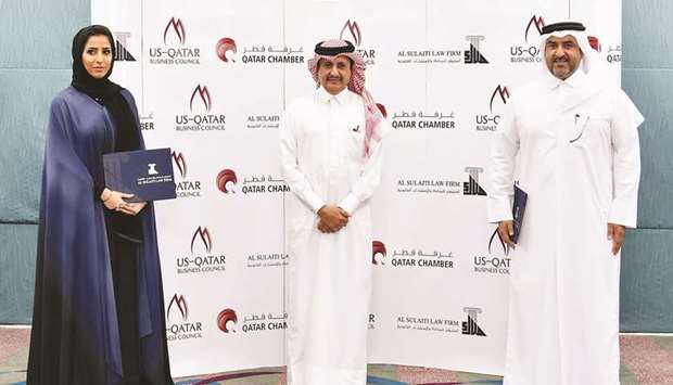 From left: USQBC managing director Sheikha Mayes bint Hamad bin Mohamed bin Jabr al-Thani; Qatar Chamber chairman Sheikh Khalifa bin Jassim bin Mohamed al-Thani, and Al Sulaiti Law Firm chairman Mubarak bin Abdullah al-Sulaiti after the signing ceremony.