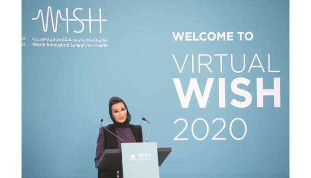 atar Foundation chairperson Her Highness Sheikha Moza addressing the opening session of the World Innovation Summit for Health (WISH) 2020. PICTURE: AR al-Baker.
