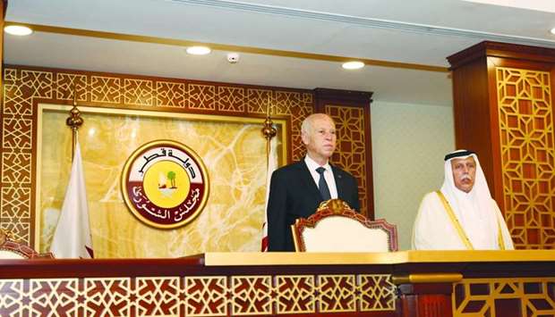 Tunisian President Kais Saied with HE the Shura Council Speaker Ahmed bin Abdullah bin Zaid al-Mahmoud at the Shura council