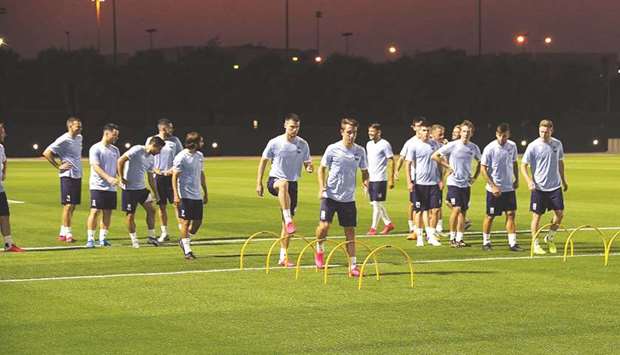 Sydney FC players at a training session in Doha yesterday.