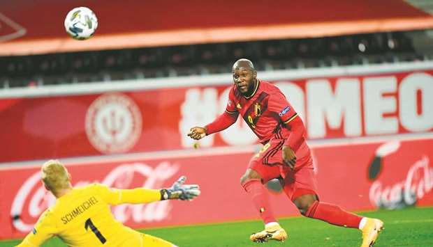 Belgiumu2019s forward Romelu Lukaku scores his teamu2019s second goal during UEFA Nations League football match against Denmark on Wednesday. (AFP)