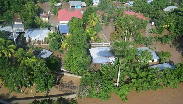 Aerial view of the flooded municipality of Choloma, department of Cortes, Honduras, following the overflowing of the Chamelecon river after the passage of Hurricane Iota