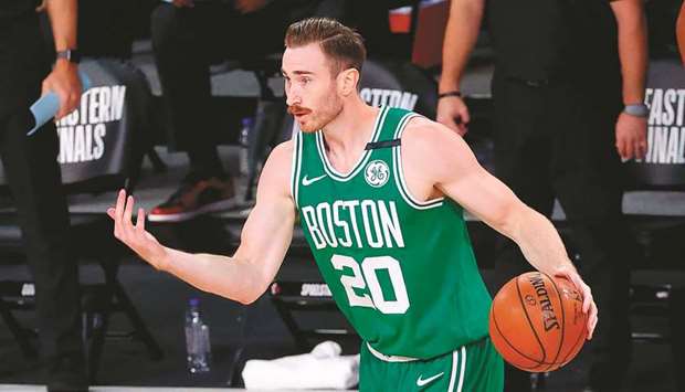 In this file photo taken on September 18, 2020 Gordon Hayward of the Boston Celtics plays against the Miami Heat in Game Three of the Eastern Conference Finals.