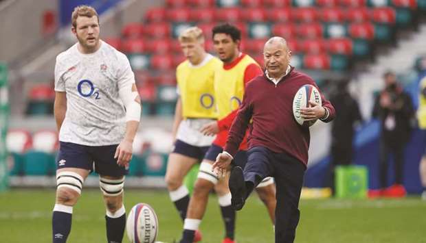 England head coach Eddie Jones during a warm-up session before the Nations Cup match against Ireland at Twickenham Stadium in London, United Kingdom, on Saturday. (Reuters)