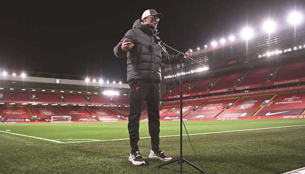 Liverpoolu2019s German manager Jurgen Klopp gives an interview after the English Premier League match against Leicester City at Anfield in Liverpool, United Kingdom, on Sunday. (AFP)