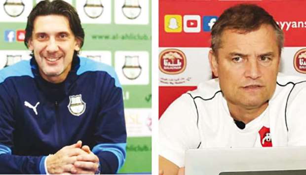 Al Ahli coach Nebojsa Jovovic (left) and his Al Rayyan counterpart Diego Aguirre at a press conference yesterday.