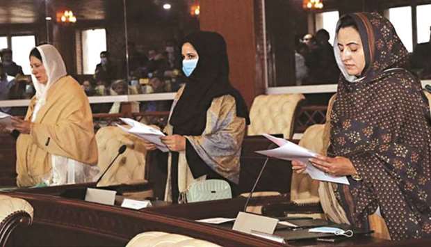 OATH-TAKING: Newly elected members of Gilgit-Baltistan Assembly taking oath during a ceremony administered by the Speaker.