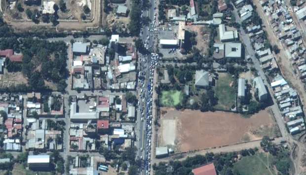 Satellite picture shows vehicles in long lines queueing for gas in Mekele, Ethiopia.
