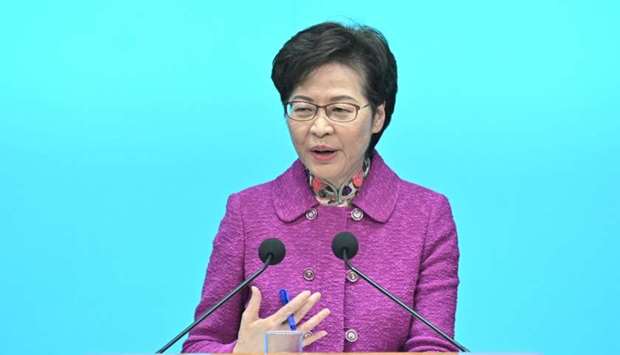 Hong Kong Chief Executive Carrie Lam speaks during a press conference at the government headquarters in Hong Kong on November 25, after delivering her annual policy address earlier at the Legislative Council