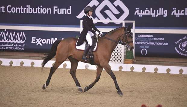 Maryam Ahmad al-Boinin astride 11-year-old bay gelding Silvan won the Medium Level 1 dressage event during the fourth round of the Longines Hathab Qatar Equestrian Tour Season supported by The Social & Sport Contribution Fund.