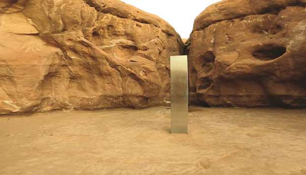A metal monolith is seen in Red Rock Desert, Utah, in this still image obtained from a social media video.