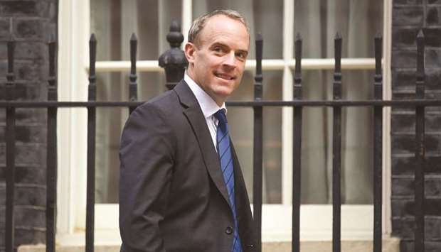 UKu2019s Foreign Secretary Dominic Raab at Downing Street in London. Raab said the big outstanding issue to resolve in the final few days of talks on a new trade deal with EU is fishing rights. He called on the EU to recognise that regaining control over British waters is a question of sovereignty for the UK.