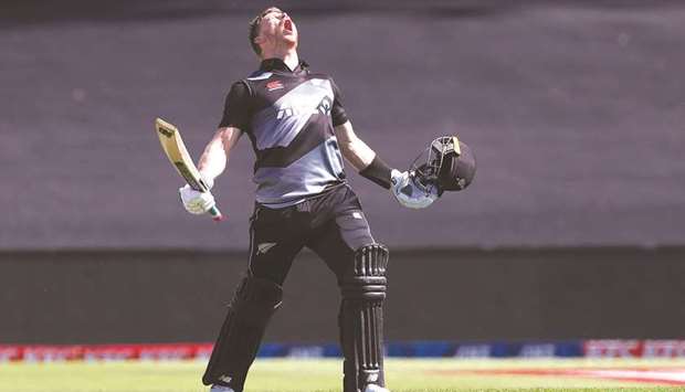 New Zealandu2019s Glenn Phillips celebrates his century against the West Indies at the Bay Oval in Mount Maunganui yesterday.