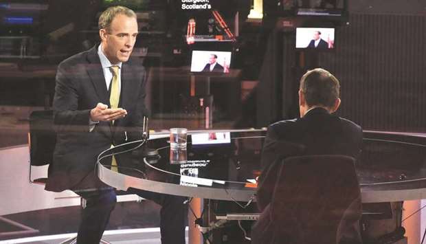 Foreign Affairs Secretary Dominic Raab speaks during BBC TVu2019s The Andrew Marr Show in London yesterday.