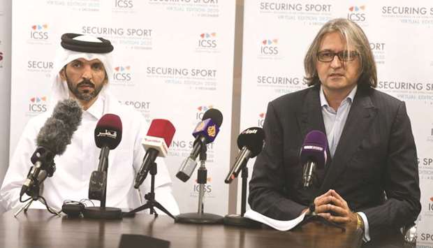 International Centre for Sport Security (ICSS) CEO Massimiliano Montanari (right) and Saleh Salem al-Eida, Special Advisory, Strategy and Partnership Development, are pictured at a press conference yesterday.