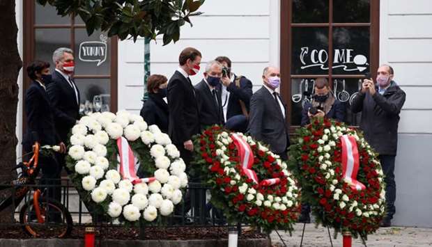 Austria Chancellor Sebastian Kurz, President Alexander van der Bellen and President of Parliament Werner Sobotka attend a wreath laying ceremony after a gun attack in Vienna, Austria