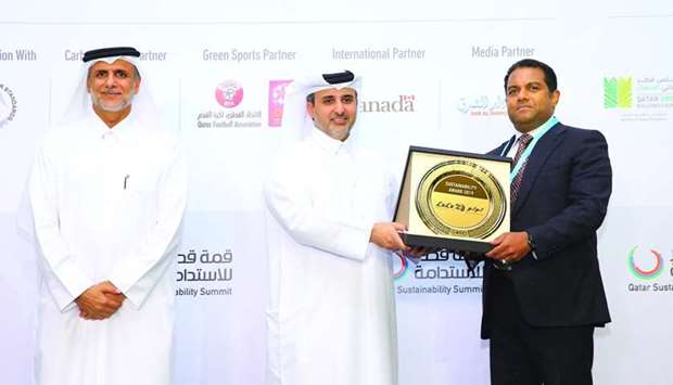File picture of HE the Minister of Municipality and Environment Abdullah bin Abdulaziz bin Turki al-Subaie handing over the Sustainability Award 2019 to Dr Mohamed Althaf in the presence of Dr Yousef al-Horr, founding chairman of the Gulf Organisation for Research and Development.
