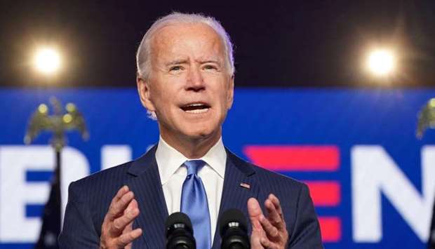 US Democratic presidential nominee Joe Biden speaks about election results in Wilmington, Delaware