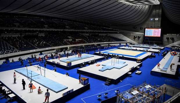 A general view shows the Friendship and Solidarity Competition gymnastics event in Tokyo, the first major international sporting event in the Japanese capital since Tokyo 2020 was postponed due to the coronavirus pandemic