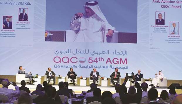 Qatar Airways GCEO HE Akbar al-Baker addressing the 54th Annual General Meeting of Arab Air Carriers Organisation (AACO) at the Sheraton Grand Doha yesterday.