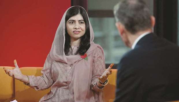 Pakistani Nobel Peace Prize laureate Malala Yousafzai speaks to British journalist Andrew Marr during an appearance on The Andrew Marr Show in London yesterday. (AFP)