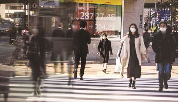Pedestrians cross a street in front of a stock indicator displaying numbers of Nikkei 225 of the Tokyo Stock Exchange in Tokyo (file). The economy shrank an annualised 3.0% in July-September after a revised 1.5% gain in the second quarter, preliminary gross domestic product (GDP) data showed on Monday, much worse than a median market forecast of a 0.8% contraction.