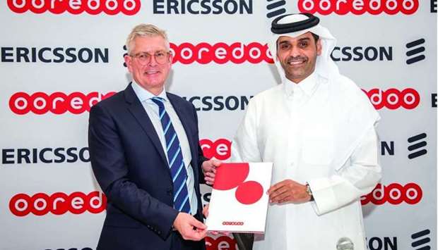 Borje Ekholm, president and CEO, Ericsson Group and Sheikh Mohamed bin Abdulla al-Thani, deputy group CEO and CEO of Ooredoo Qatar, at the signing ceremony
