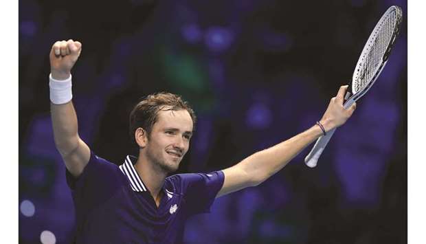 Russiau2019s Daniil Medvedev celebrates after defeating  Germanyu2019s Alexander Zverev during the ATP Finals in Turin yesterday. (AFP)
