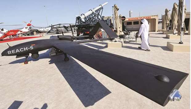 A view of the u201cReach-Su201d unmanned aerial vehicle (UAV, or drone) at the booth of Emirati defence consortium EDGE at the 2021 Dubai Airshow. The UAE is among the worldu2019s top arms importers and is seeking to diversify its economy.