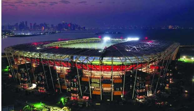 A birdu2019s eye view of the Ras Abu Aboud Stadium, a newly-built venue for the FIFA World Cup Qatar 2022
