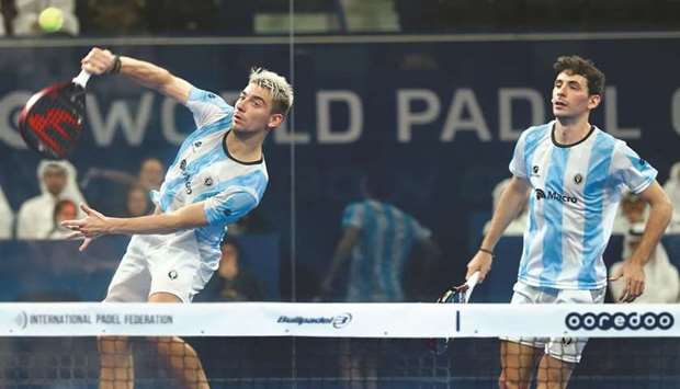 Argentina players in action during their semi-final match against Brazil at the Qatar Ooredoo Padel World Championship yesterday.