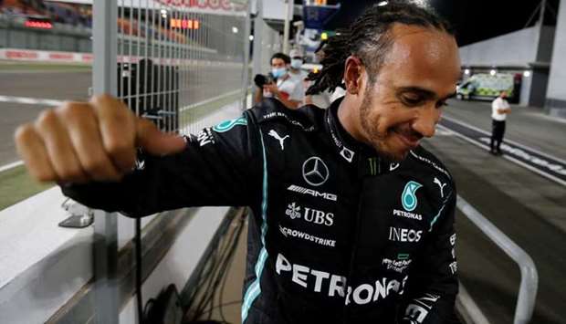 Mercedes' Lewis Hamilton after finishing first place in qualifying. REUTERS