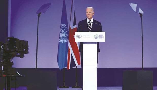 US President Joe Biden presents his national statement as part of the World Leadersu2019 Summit of the COP26 UN Climate Change Conference in Glasgow, Scotland, yesterday.