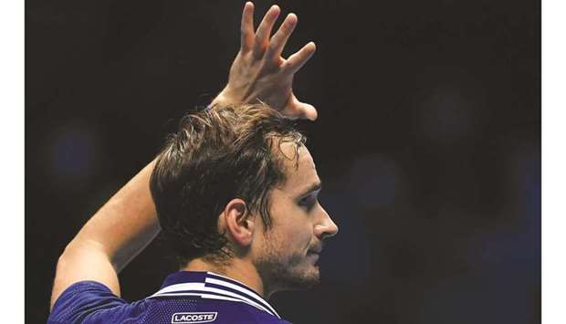 Daniil Medvedev celebrates after defeating Casper Ruud during their ATP Finals semi-final in Turin yesterday. (AFP)