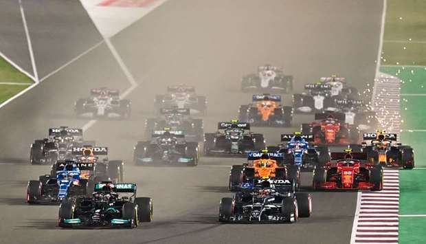 Mercedesu2019 British driver Lewis Hamilton (fron left) leads the pack at the start of the Ooredoo Qatar Grand Prix at the at the Losail International Circuit on Sunday. PICTURE: Noushad Thekkayil