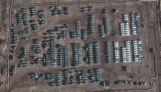 Satellite image released by Maxar Technologies and taken on November 1, 2021 that shows the presence of a large ground forces deployment on the northern edge of the town of Yelnya, Smolensk Oblast, Russia. AFP PHOTO/Satellite image u00a92021 Maxar Technologies