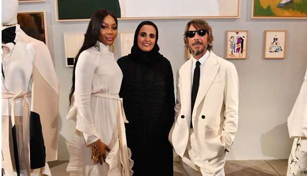 HE Sheikha Al Mayassa bint Hamad bin Khalifa al-Thani with Naomi Campbell and Pierpaolo Piccioli at the Museum of Islamic Art on Tuesday. Image courtesy of Craig Barritt/Getty Images for Qatar Museums