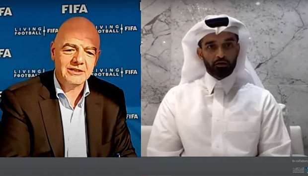 FIFA president Gianni Infantino (left) and Secretary-General of Supreme Committee for Delivery & Legacy Hassan al-Thawadi speak during the Education City Speaker Series of Qatar Foundation webinar Monday