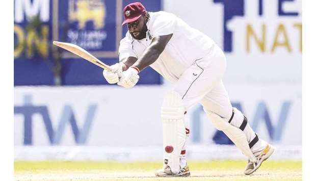 West Indiesu2019 Rahkeem Cornwall plays a shot during the third day of the first Test against Sri Lanka at the Galle International Cricket Stadium in Galle yesterday. (AFP)