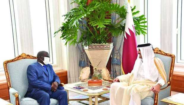 His Highness the Amir Sheikh Tamim bin Hamad al-Thani receives the credentials of Celestin Jean Paul Akoulafoua M-Voula,  ambassador of Republic of the Congo (Brazzaville)