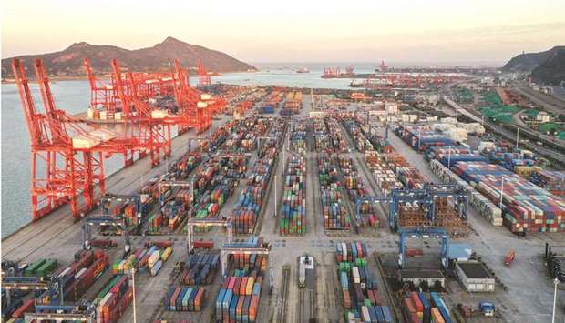 Containers stacked at Lianyungang port, in Chinau2019s eastern Jiangsu province (file).