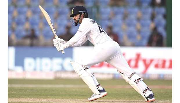 Indiau2019s Shreyas Iyer plays a shot during the first Test against New Zealand at the Green Park Stadium in Kanpur yesterday. (AFP)