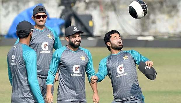 Pakistan players during a practice session ahead of their first Test against Bangladesh in Chittagong yesterday. (AFP)