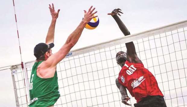 Qataru2019s Cherif Younousse (right) and Australiau2019s Christopher McHugh in action during the Asian Beach Volleyball Championships semi-final in Phuket, Thailand, on Friday.