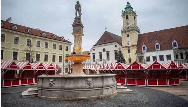 Empty booths at a Christmas market in Bratislava downtown. - Slovakia declared a two-week lockdown following a spike in Covid-19 cases with the countryu2019s seven-day average of cases rise above 10,000.