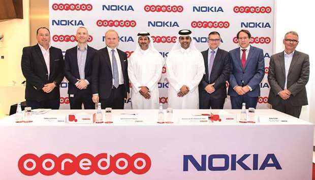 Aziz Aluthman Fakhroo, Managing Director,Ooredoo Group and Sheikh Mohamed bin Abdulla al-Thani, Deputy Group CEO with Pekka Lundmark, President and CEO, Nokia and Ooredoo and Nokia Chiefs