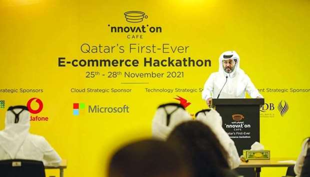 Innovation Cafe founder Ramzan al-Naimi delivering a speech at the conclusion of the four-day hybrid hackathon.